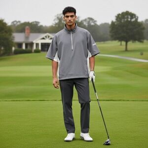 FootJoy DryJoys HydroLite Men XL Grey Check Short Sleeve 1/2 Zip Golf Rain Shirt